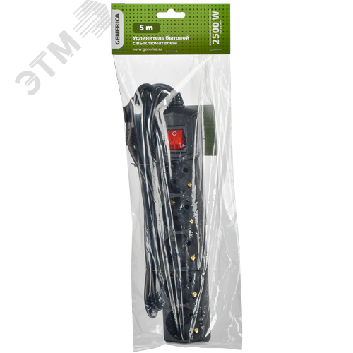Удлинитель У05В 5 мест с заземлением 5м 3х1мм2 10А 250В черный GENERICA - фото 2