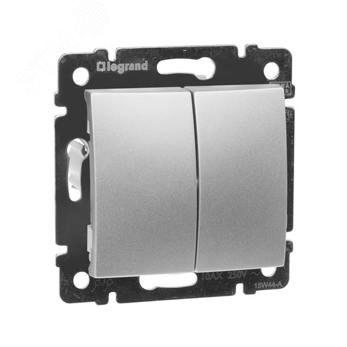 Выключатель 2-клавишный проходной схема 6/2 10А безвинтовое крепление алюминий VALENA - фото 1