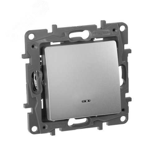 Выключатель 1-клавишный с подсветкой/индикацией 10А безвинтовое крепление алюминий ETIKA - фото 1