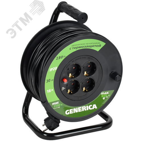 Изображение товара Удлинитель силовой УК30 с термозащитой 4 места 2P+PE/30м 3х1.5мм2 GENERICA (шт)