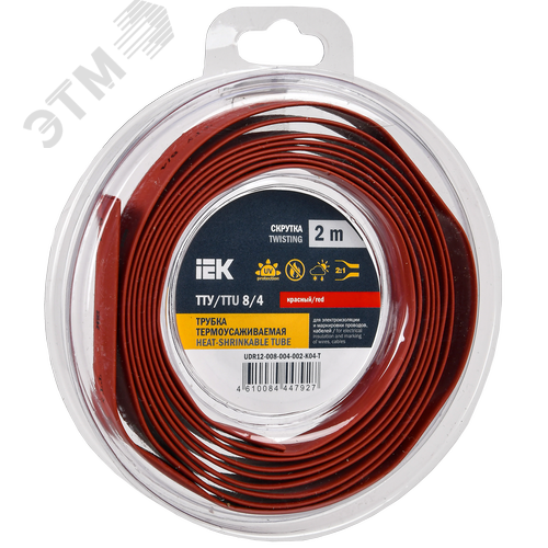 Изображение товара Трубка термоусадочная ТТУ нг-LS 8/4 красная (2м/упак) IEK (упак)