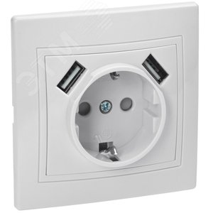 Изображение товара KVARTA Розетка с заземлением с защитными шторками 16А USBх2 2,1А РЮш10-1-КБ белый GENERICA (шт)