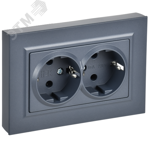 BRITE Розетка 2-местная с заземлением без защитных шторок плоская 16А в сборе РСПл12-3-БрМ маренго IEK - фото 1