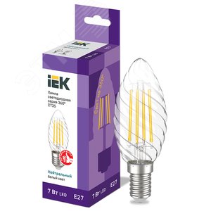 Лампа светодиодная CT35 свеча витая прозрачная 7Вт 230В 4000К E27 серия 360° IEK LLF-CT35-7-230-40-E27-CL IEK