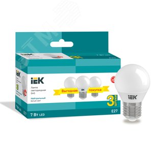 Лампа светодиодная G45 шар 7Вт 230В 4000К E27 (3шт/упак) IEK