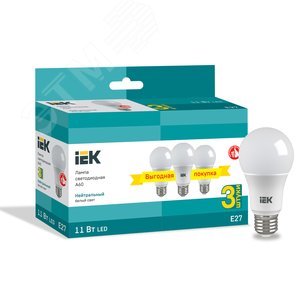 Лампа светодиодная A60 груша 11Вт 230В 4000К E27 (3шт/упак) LLE-A60-11-230-40-E27-3 IEK