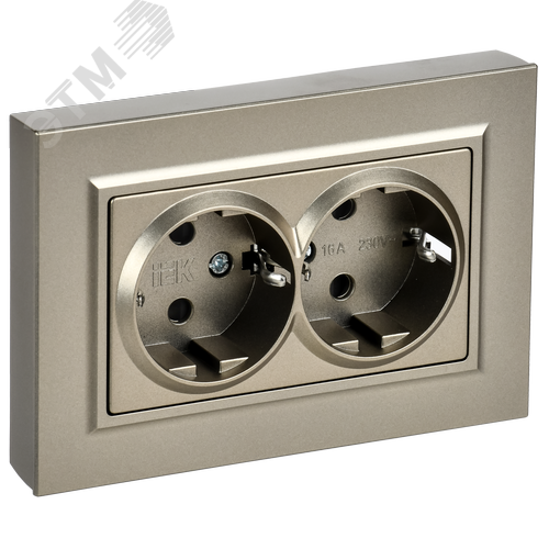 BRITE Розетка 2-местная с заземлением с защитными шторками плоская 16А в сборе РСшПл12-3-БрШ шампань IEK - фото 1