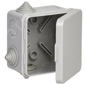 Изображение товара Коробка распаячная КМ41238 для открытой проводки соткидной крышкой 80х80х50мм IP54 (RAL 7035, 7 гермовводов) (шт)