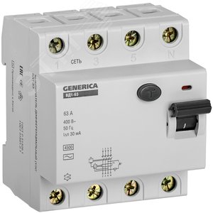 Выключатель дифференциального тока (УЗО) ВД1-63 4Р 63А 30мА GENERICA MDV15-4-063-030 IEK