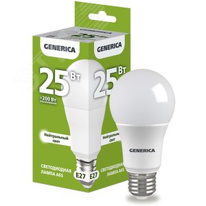Изображение товара Лампа светодиодная A65 груша 25Вт 230В 4000К E27 GENERICA (шт)