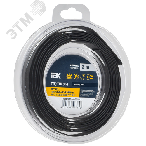 Изображение товара Трубка термоусадочная ТТУ нг-LS 8/4 черная (2м/упак) IEK (упак)