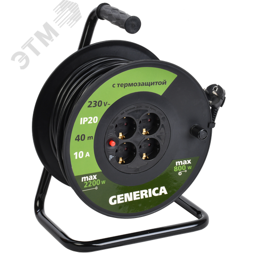 Удлинитель силовой УК40 с термозащитой 4 места 2P+PE/40м 3х1.0мм2 GENERICA - фото 1