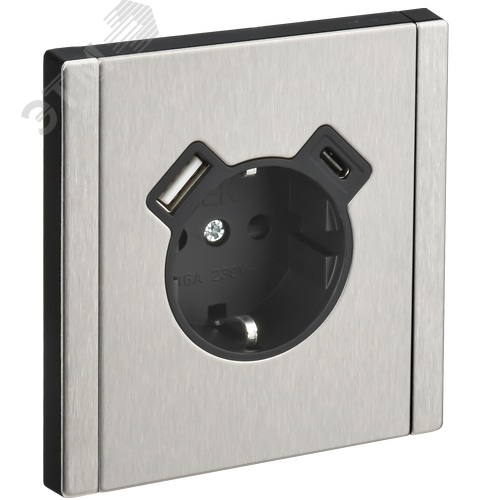 Изображение товара FORTE&PIANO Розетка 1-местная с заземлением с защитными шторками винтовое крепление 16А USB A+C 18Вт FP747M металл никель IEK (шт)