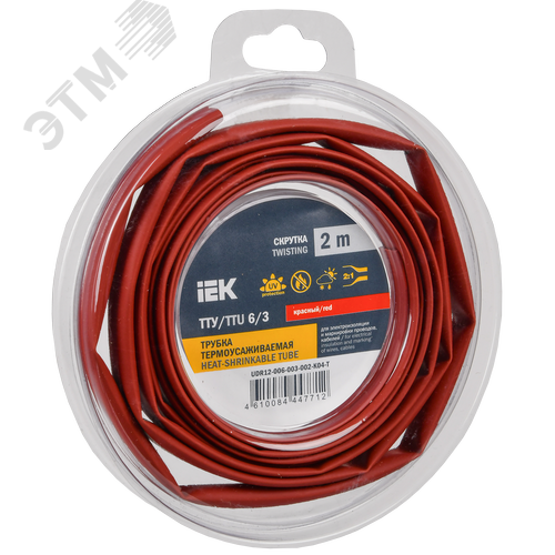 Изображение товара Трубка термоусадочная ТТУ нг-LS 6/3 красная (2м/упак) IEK (упак)