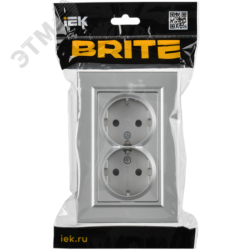 BRITE Розетка 2-местная с заземлением с защитными шторками плоская 16А в сборе РСшПл12-3-БрА алюминий IEK - фото 2