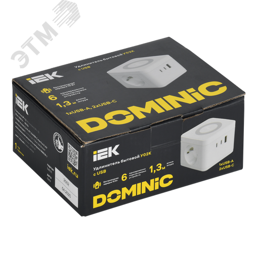 DOMINIC Удлинитель с беспроводной зарядкой 10Вт У02К 2 места 2P+PE 1,3м 3х1,0мм2 16А/250В USB A+C белый IEK - фото 2