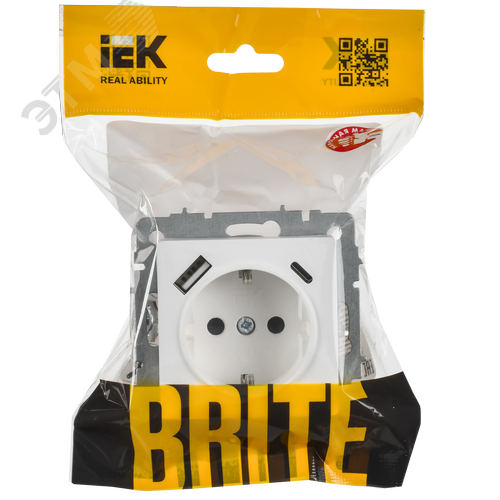 BRITE Розетка 1-местная с заземлением с защитными шторками 16А с USB A+C 18Вт РЮш11-1-БрАБ арктический белый IEK - фото 6