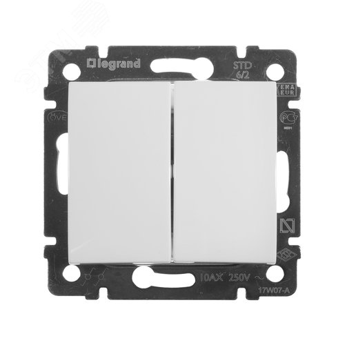 Выключатель 2-клавишный проходной схема 6/2 10А безвинтовое крепление белый VALENA - фото 3