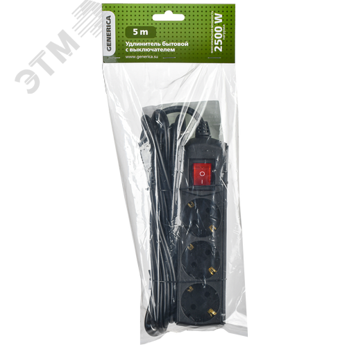 Удлинитель У03В 3 места с заземлением 5м 3х1мм2 10А 250В черный GENERICA - фото 2