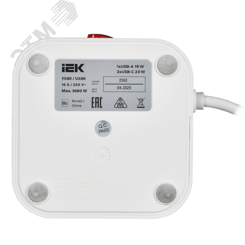 DOMINIC Удлинитель У08K 8 мест 2P+PE 1,5м 3х1,0мм2 16А/250В USB A+C 20Вт белый IEK - фото 6