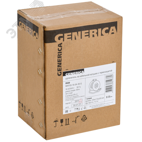 Удлинитель силовой УК30 с термозащитой 4 места 2P+PE/30м 3х1.5мм2 GENERICA - фото 2