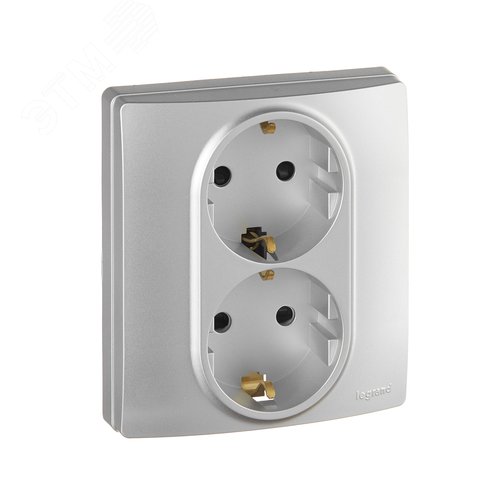 Розетка 2-местная с заземлением с защитными шторками безвинтовое крепление 16А в сборе алюминий ETIKA - фото 1