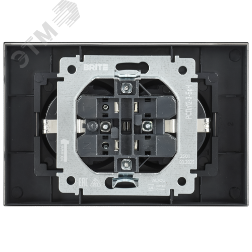 BRITE Розетка 2-местная с заземлением без защитных шторок плоская 16А в сборе РСПл12-3-БрЧ черный IEK - фото 3