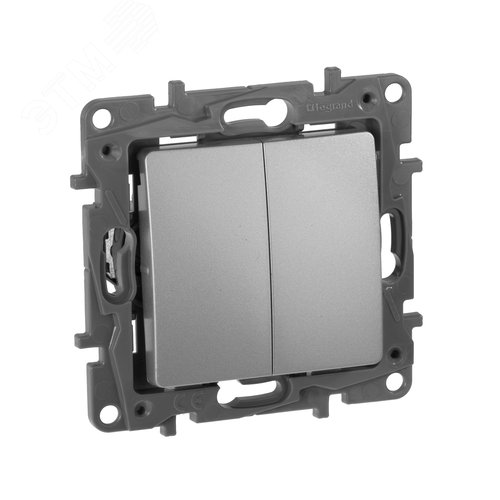 Изображение товара Выключатель 2-клавишный проходной 10А безвинтовое крепление алюминий ETIKA (шт)