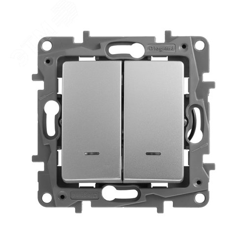 Выключатель 2-клавишный с подсветкой/индикацией 10А безвинтовое крепление алюминий ETIKA - фото 3