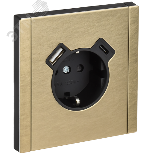 Изображение товара FORTE&PIANO Розетка 1-местная с заземлением с защитными шторками винтовое крепление 16А USB A+C 18Вт FP647M металл шампань IEK (шт)