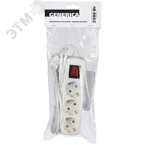 Удлинитель бытовой У03В 3 места 2P+PE/1.5 м 3х1мм2 10А/250В GENERICA - фото 2