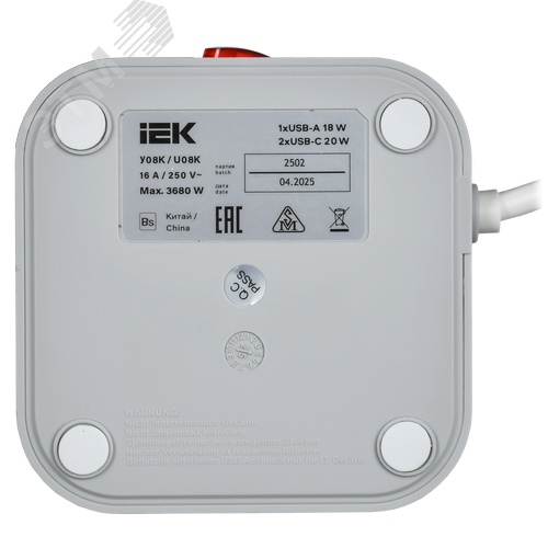 DOMINIC Удлинитель У08K 8 мест 2P+PE 1,5м 3х1,0мм2 16А/250В USB A+C 20Вт серый IEK - фото 4