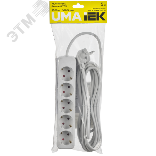 Удлинитель UMA У05 5 мест 2P+PE 5м 3х1мм2 10А белый - фото 2