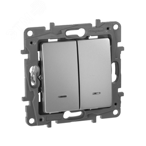 Изображение товара Выключатель 2-клавишный с подсветкой/индикацией 10А безвинтовое крепление алюминий ETIKA (шт)