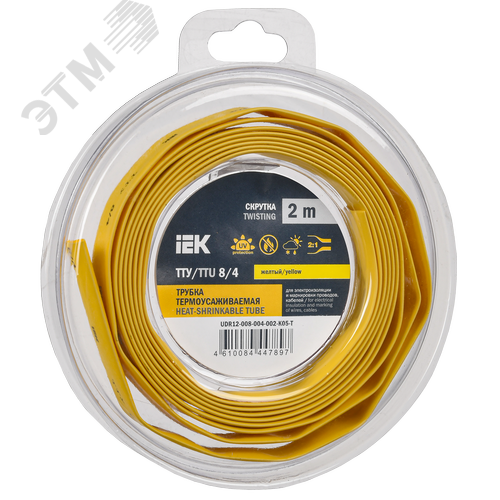 Изображение товара Трубка термоусадочная ТТУ нг-LS 8/4 желтая (2м/упак) IEK (упак)