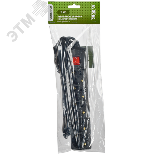 Удлинитель У05В 5 мест с заземлением 3м 3х1мм2 10А 250В черный GENERICA - фото 2