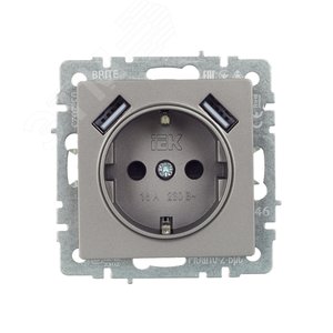 BRITE Розетка с заземлением с защитными шторками 16А с USB A+A 3,1А РЮш10-2-БрС сталь - фото 2
