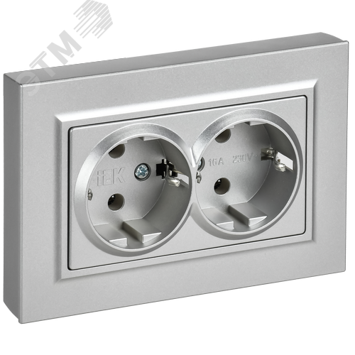 BRITE Розетка 2-местная с заземлением без защитных шторок плоская 16А в сборе РСПл12-3-БрА алюминий IEK - фото 1