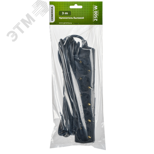 Удлинитель У05 5 мест с заземлением 3м 3х1мм2 10А 250В черный GENERICA - фото 2