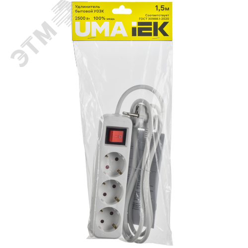 UMA Удлинитель У03К 3 места 1,5м 3х1мм2 10А бел. IEK с кнопкой - фото 2