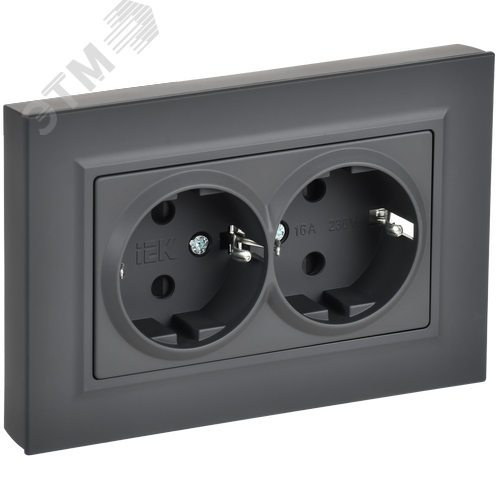 BRITE Розетка 2-местная с заземлением с защитными шторками плоская 16А в сборе РСшПл12-3-БрГ графит IEK - фото 1