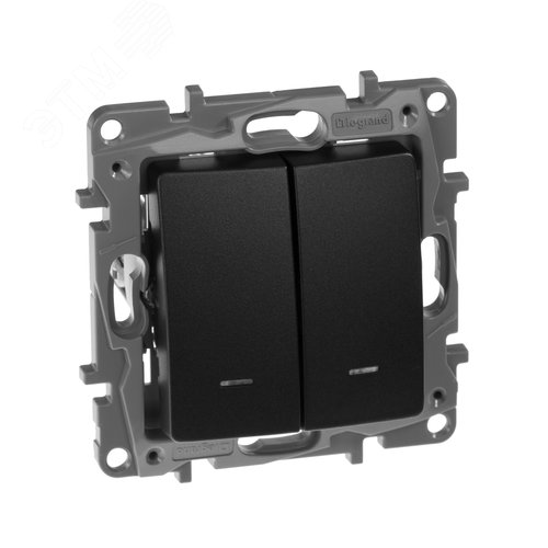 Выключатель 2-клавишный с подсветкой/индикацией 10А безвинтовое крепление антрацит ETIKA - фото 1