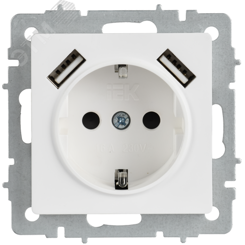 BRITE Розетка 1-местная с заземлением с защитными шторками 16А с USB A+A 5В 2,1А РЮш10-1-БрАБ арктический белый IEK - фото 3