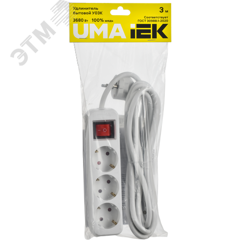 UMA Удлинитель У03К 3 места 3м 3х1,5мм2 16А бел. IEK с кнопкой - фото 2