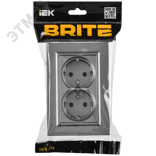 BRITE Розетка 2-местная с заземлением без защитных шторок плоская 16А в сборе РСПл12-3-БрС сталь IEK - фото 2