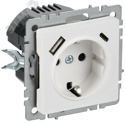 BRITE Розетка 1-местная с заземлением с защитными шторками 16А с USB A+C 18Вт РЮш11-1-БрАБ арктический белый IEK - фото 1