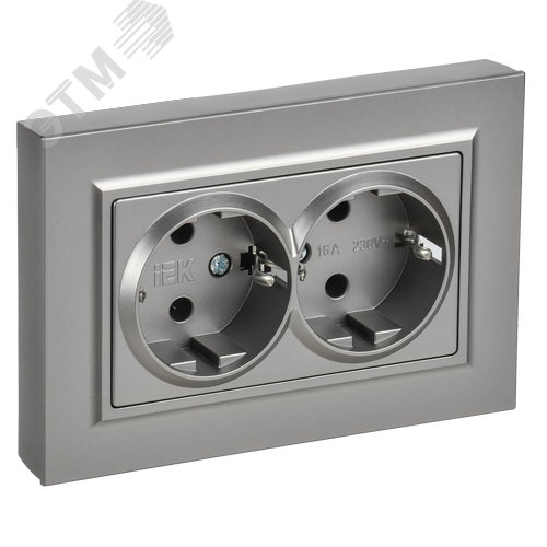 Изображение товара BRITE Розетка 2-местная с заземлением без защитных шторок плоская 16А в сборе РСПл12-3-БрС сталь IEK (шт)