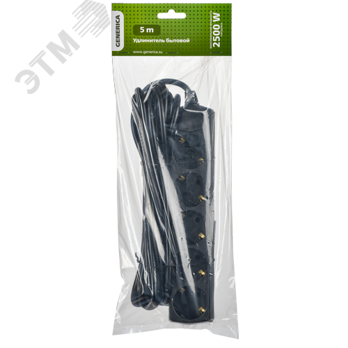 Удлинитель У05 5 мест с заземлением 5м 3х1мм2 10А 250В черный GENERICA - фото 2