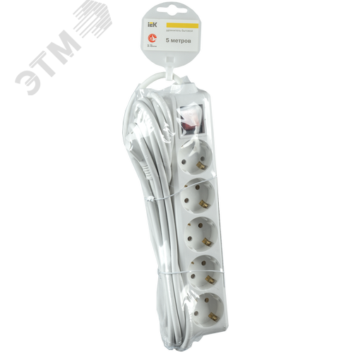 Удлинитель бытовой 5 розеток шнур 5м с заземлением с выключателем 16А - фото 2