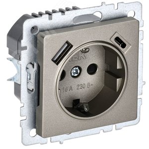 Изображение товара BRITE Розетка с заземлением с защитными шторками 16А с USB A+C 18Вт РЮш11-1-БрШ шампань (шт)